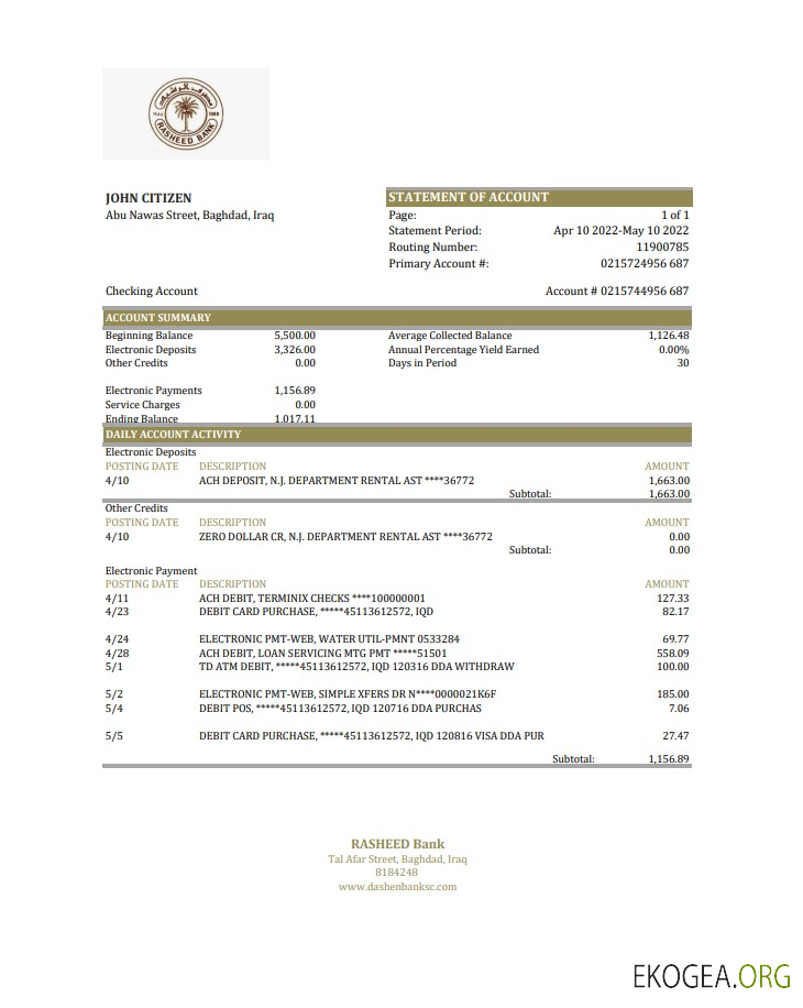 Relevé de la banque Rasheed en Irak xls